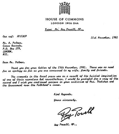 Image of letter from Ray Powell, MP